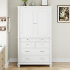 Freestanding 77.3" Tall Storage Cabinet, Wooden Pantry，White | Retro Large Kitchen Pantry, 2 Adjustable Shelves, 5 Drawers, 6 Door Shelves