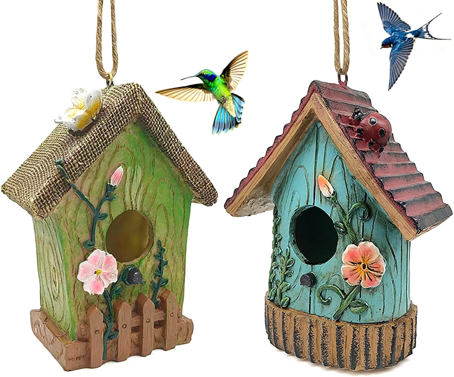 2 Pcs Hanging Bird Houses for Outside Bluebird Houses for Outside Swallows Wren Birdhouse Finch Nesting Box Patio Garden Deco