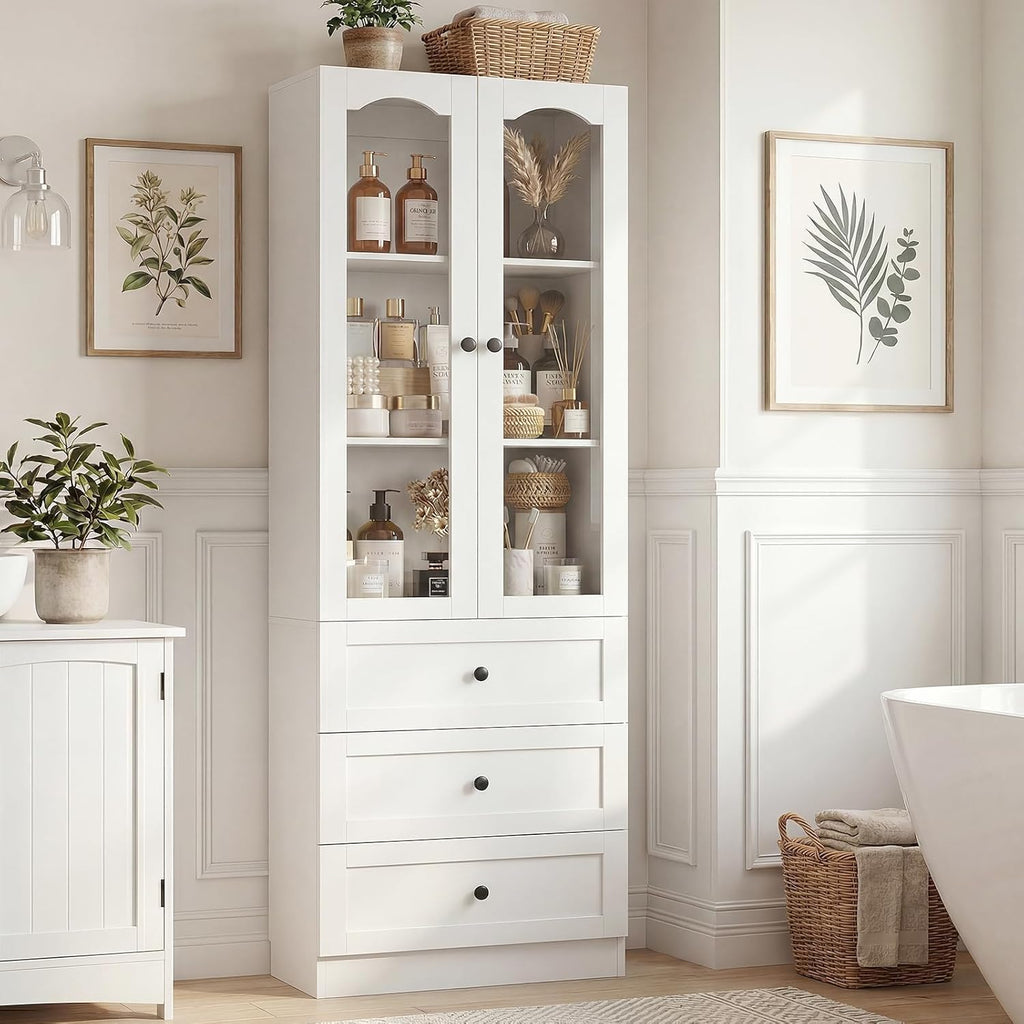 Cyclysio 80" Tall Pantry Cabinet for Kitchen Storage, 2 Set White Pantry Cabinet with Glass Doors & 3 Drawers - Freestanding Storage Bookcase with Built-in Baseboard Notch for Dining, Living Room
