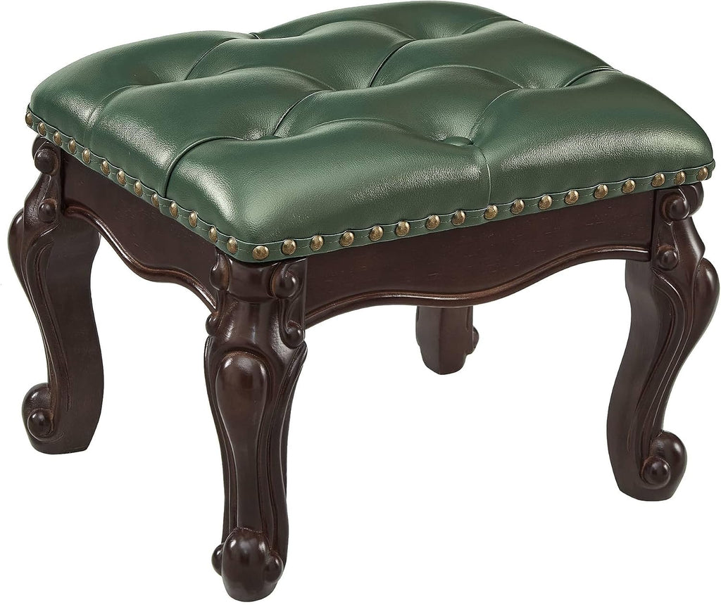 Foot Stools Ottoman, Small Vintage Leather Footstool for Living Room, Solid Wooden Ottoman Foot Rest,Shoe Change Bench at the Entrance (Dark Green)