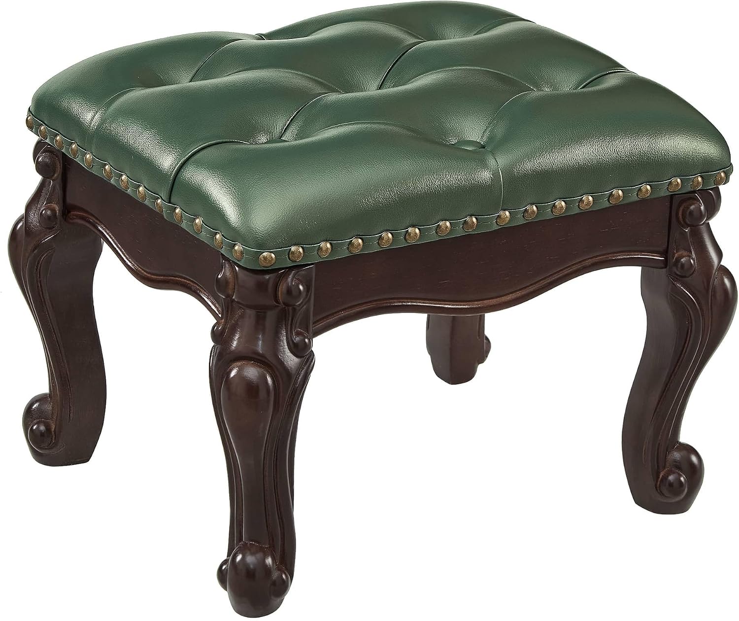 Foot Stools Ottoman, Small Vintage Leather Footstool for Living Room, Solid Wooden Ottoman Foot Rest,Shoe Change Bench at the Entrance (Dark Green)