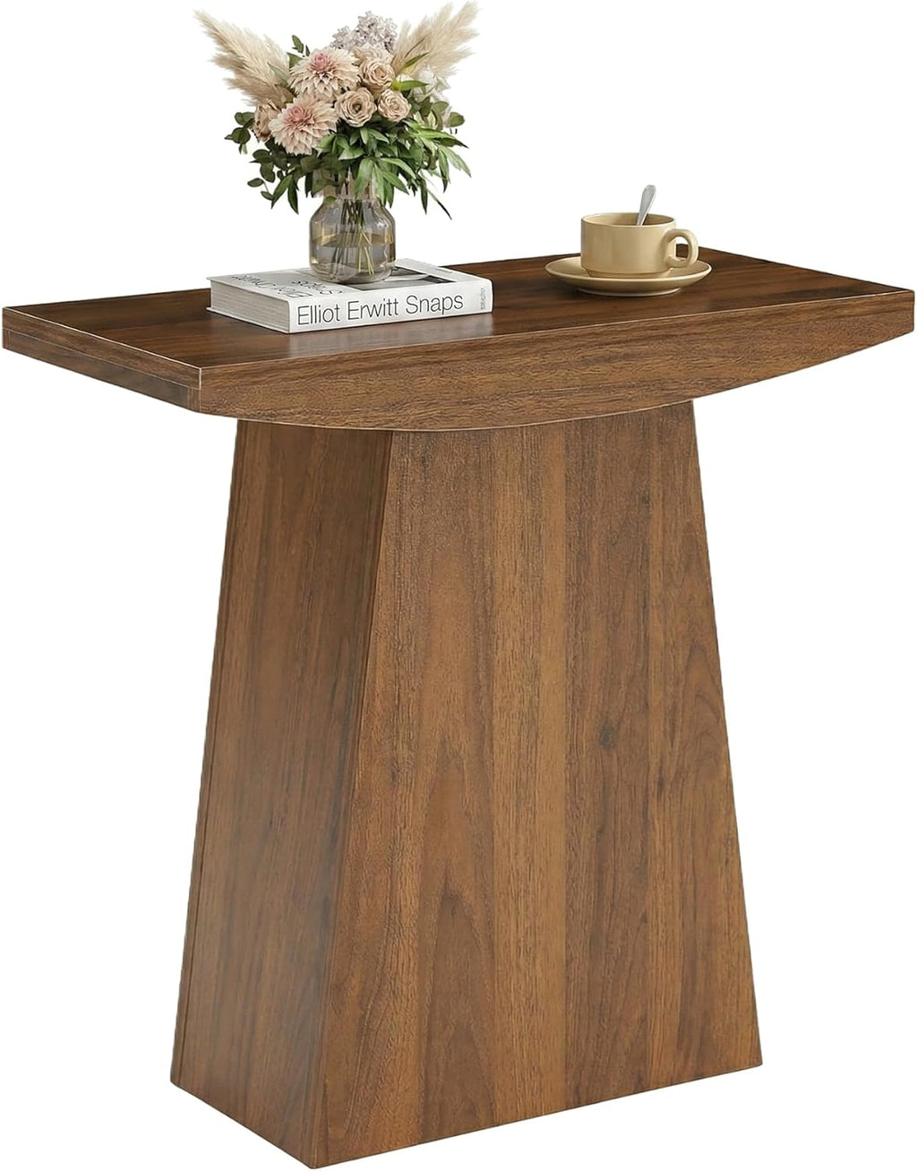 Tribesigns Pedestal End Table, Farmhouse Sofa Couch Side Table with Trapezoid Base, Wooden Accent Drink Stand Nightstand for Living Room, Small Space, Walnut Brown