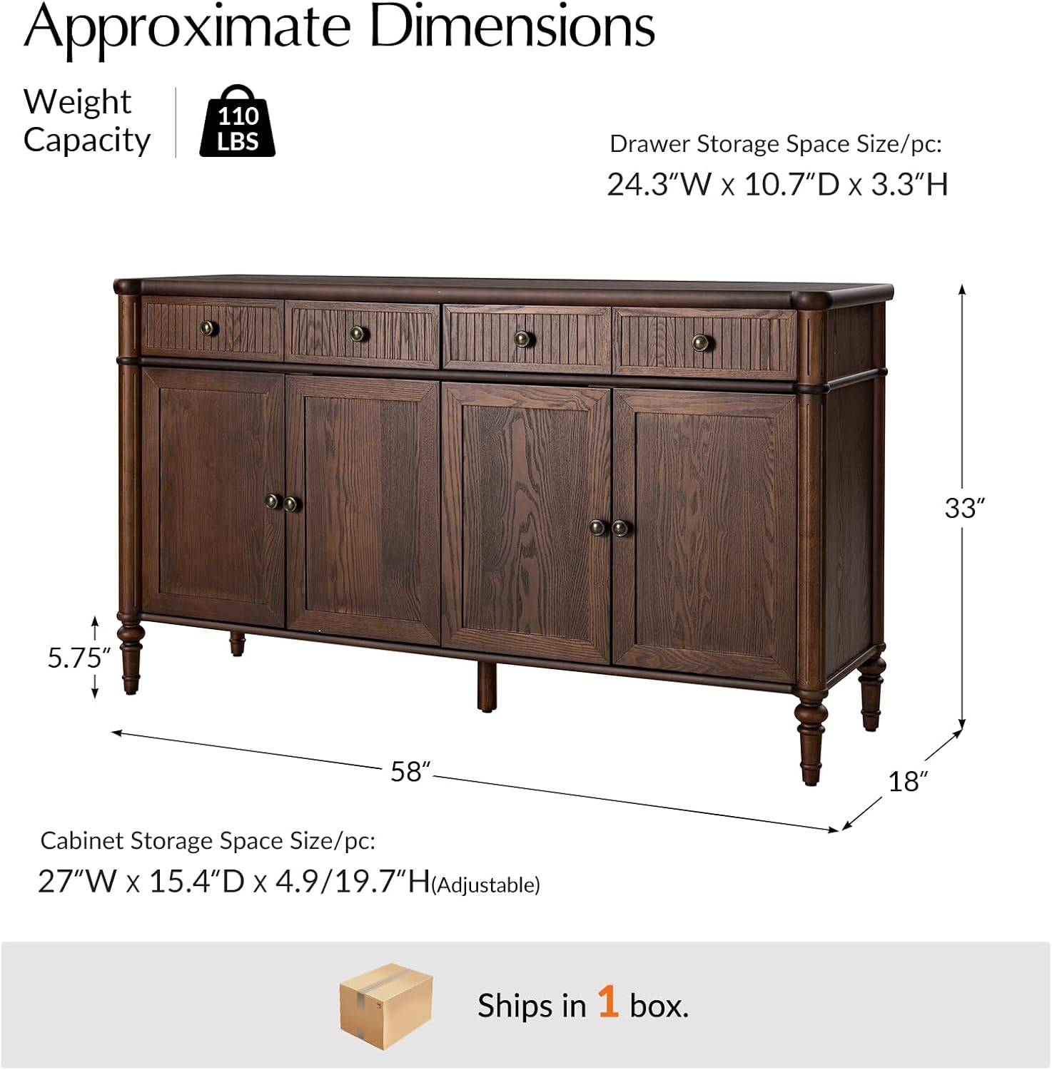 HULALA HOME Wood Sideboard Cabinet, 58" Storage Sideboard with 2 Adjustable Shelves, 2 Fluted Drawers & 4 Doors, Credenza Console, Transitional Buffet with Wood Legs, Auburn