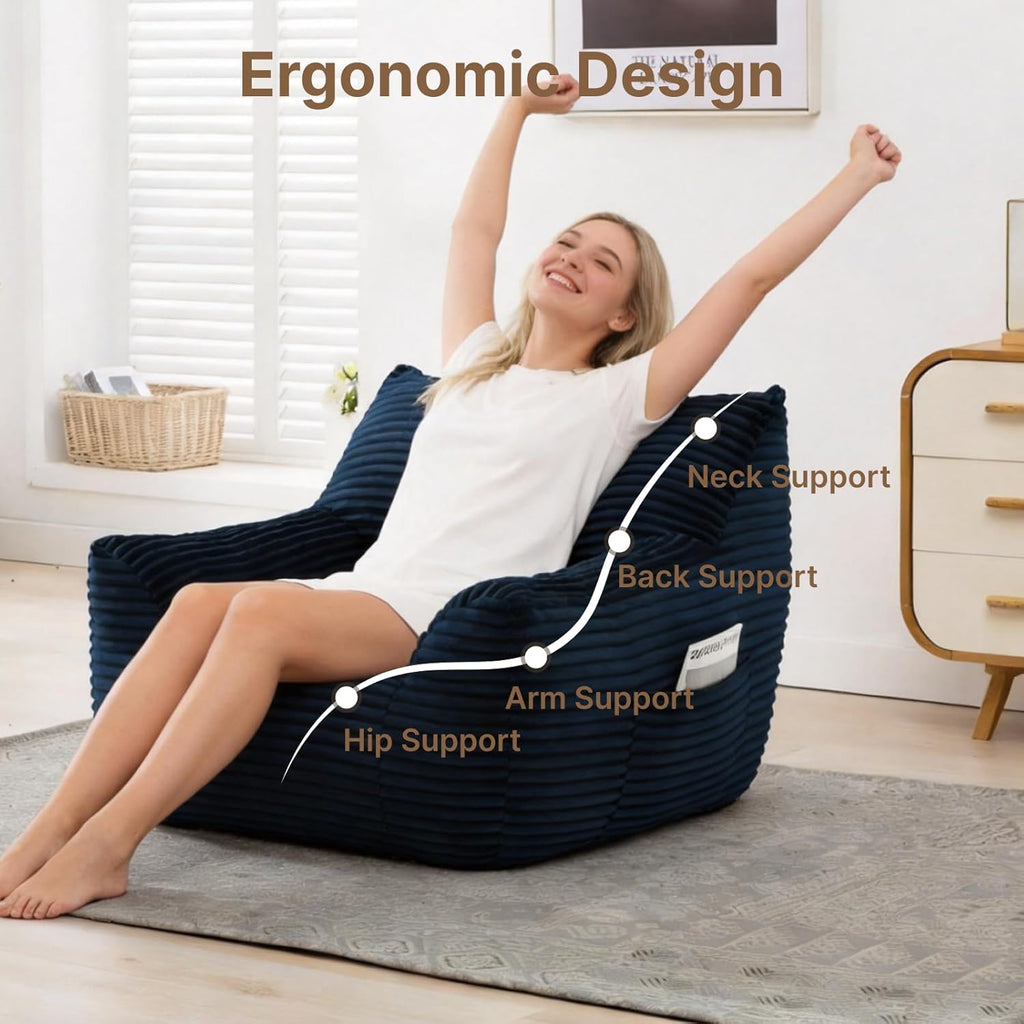 Bean Bag Chair for Adults & Kids, Giant Bean Bag Sofa with Side Pocket, Corduroy Beanbag Chair with Armrests, Comfy Stuffed Floor Sofa for Living Room Bedroom Dorm, Blue