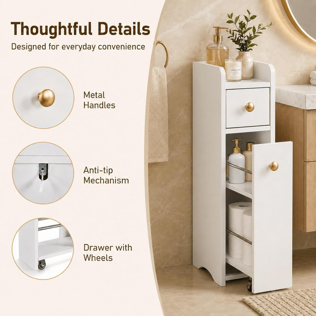 VINGLI Slim Bathroom Storage Cabinet, Narrow Storage Organizer with Slide Out Drawers, Freestanding Toilet Paper Holder, Small Space Skinny Cabinet for Bathroom Kitchen Corner, White