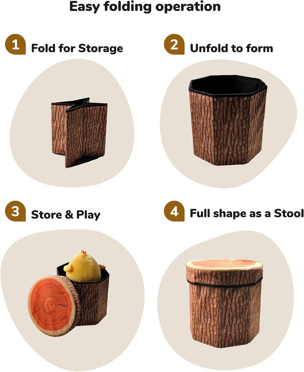 CHEFAN Fruit Storage Stool Ottoman,Tree Stump Stool, Cute Folding Storage Toy Box, Collapsible Seat Chest, Wood Stump Organizer Stool for Toy, Cloth and Kids