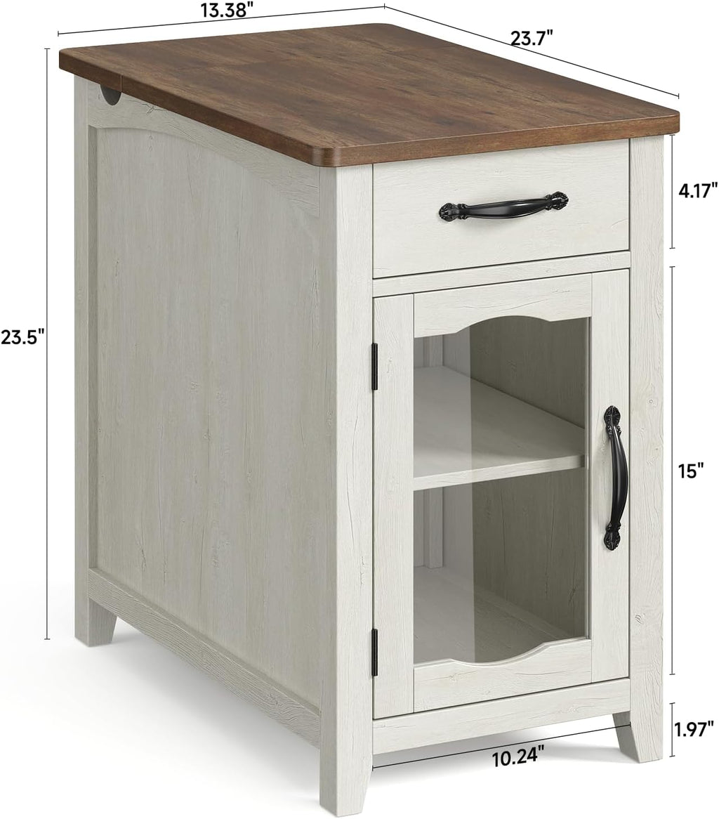 ONBRILL End Table with Charging Station, Narrow Side Table for Living Room, Farmhouse Night Stand with Drawer and Storage Cabinet, Wooden Bedside Table for Small Spaces Living Room, Glass Door (White)