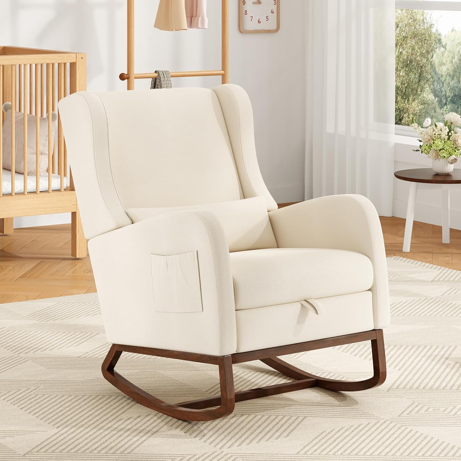 Nursery Rocking Chair with Footrest, Glider Rocking Nursing Chair Indoor, Upholstered Accent Nursery Glider Chair Rubber Wood Legs for Baby Nurser, Bedroom, Living Room, Cream