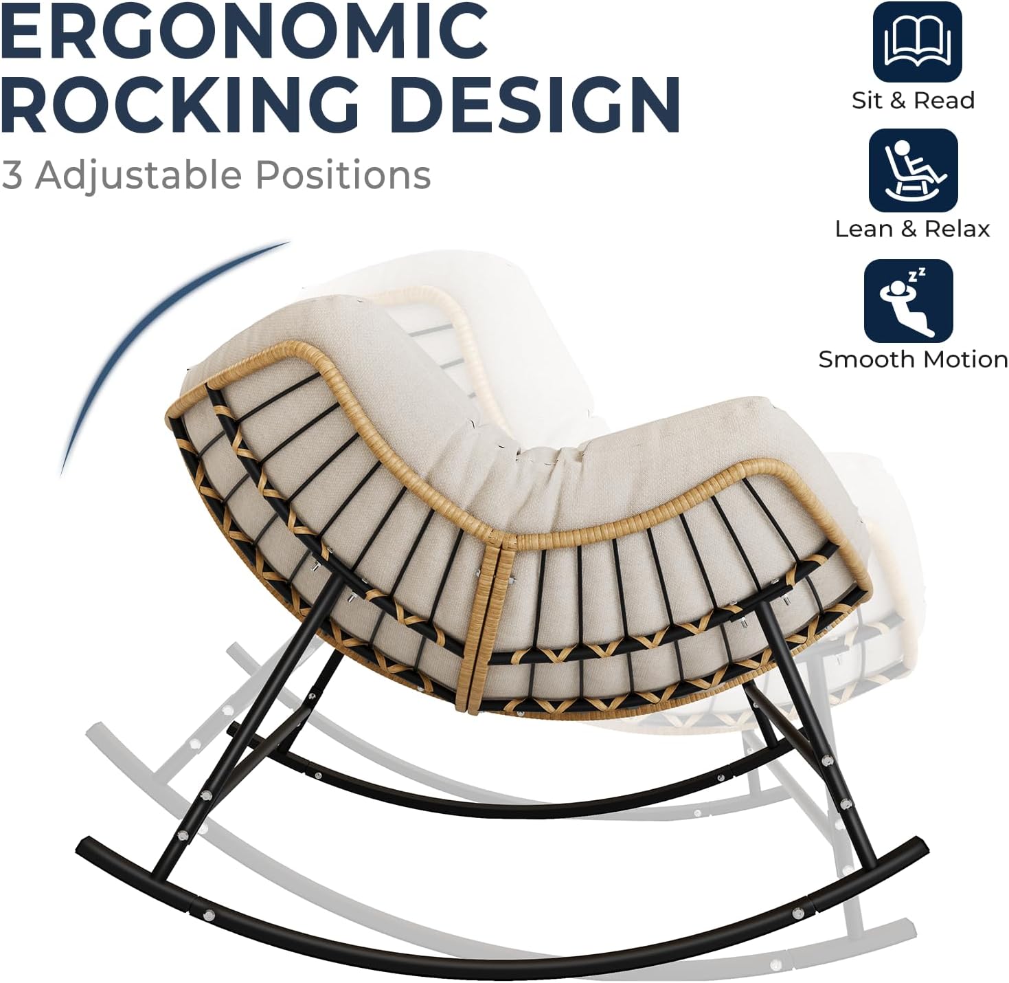 SWITTE Outdoor Oversized Rocking Papasan Chair, Indoor Wicker Egg Lounge with Thick Cushion, 450 lbs Heavy Duty Comfy Patio Rocker Chair for Balcony, Porch, Indoor Living Room, Beige