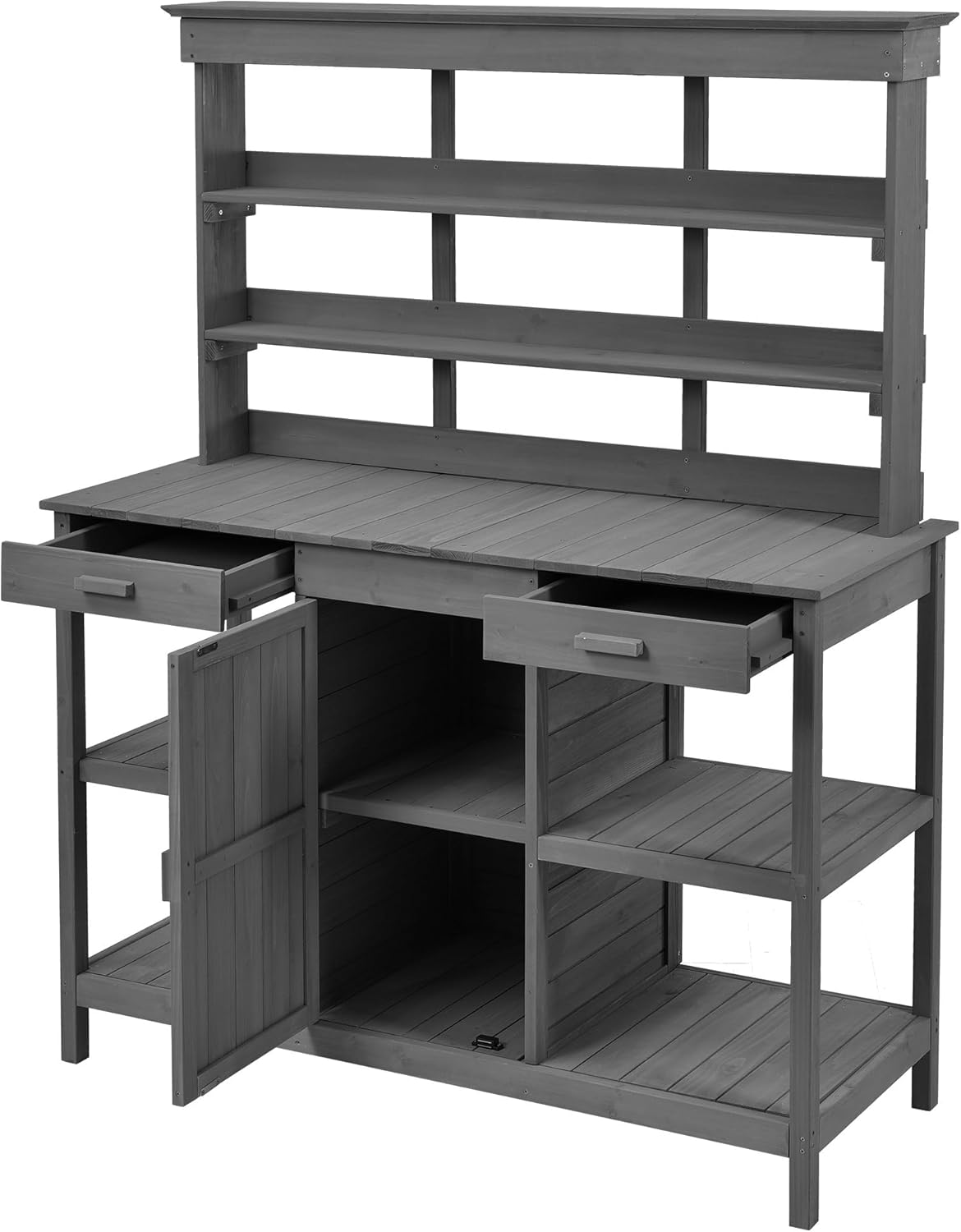 Outdoor Potting Bench with Open Shelves and Cabinet, 66 in | Fir wood, countertop, open shelves, enclosed cabinet, anti-fall device, garden workstation, 50.2 W x 19.7 D x 66 H in