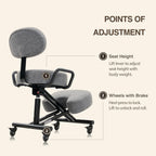 Ergonomic Kneeling Chair with Backrest, Improve Posture, Thick Cushions, Locking Wheels for Home & Office, AKONI 512B (Dim Grey)