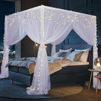 South to East White Canopy Bed Curtains, 4 Corner Post Bed Canopy for Girls & Adults, Top Luxurious Bed Drapes for Bedroom Decoration, 4 Openings, 100% Ripstop Polyester, Easy Install, King Size