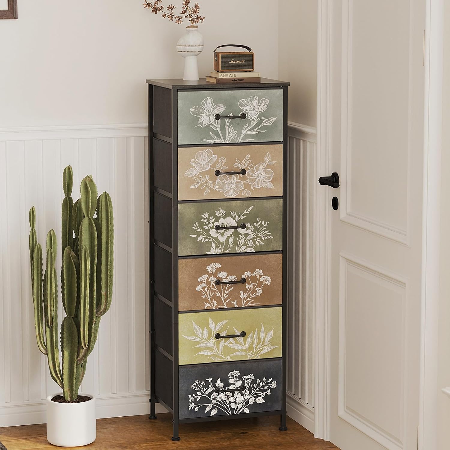 Tohomeor Vintage Dresser Vertical Nightstand with Neutral Botanical Plant Fabric Chest Drawers for Closet Bathroom Storage Tower Unit Bed Side Organizer Farmhouse Rustic (Multi, 6 Drawers)