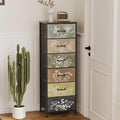 Tohomeor Vintage Dresser Vertical Nightstand with Neutral Botanical Plant Fabric Chest Drawers for Closet Bathroom Storage Tower Unit Bed Side Organizer Farmhouse Rustic (Multi, 6 Drawers)