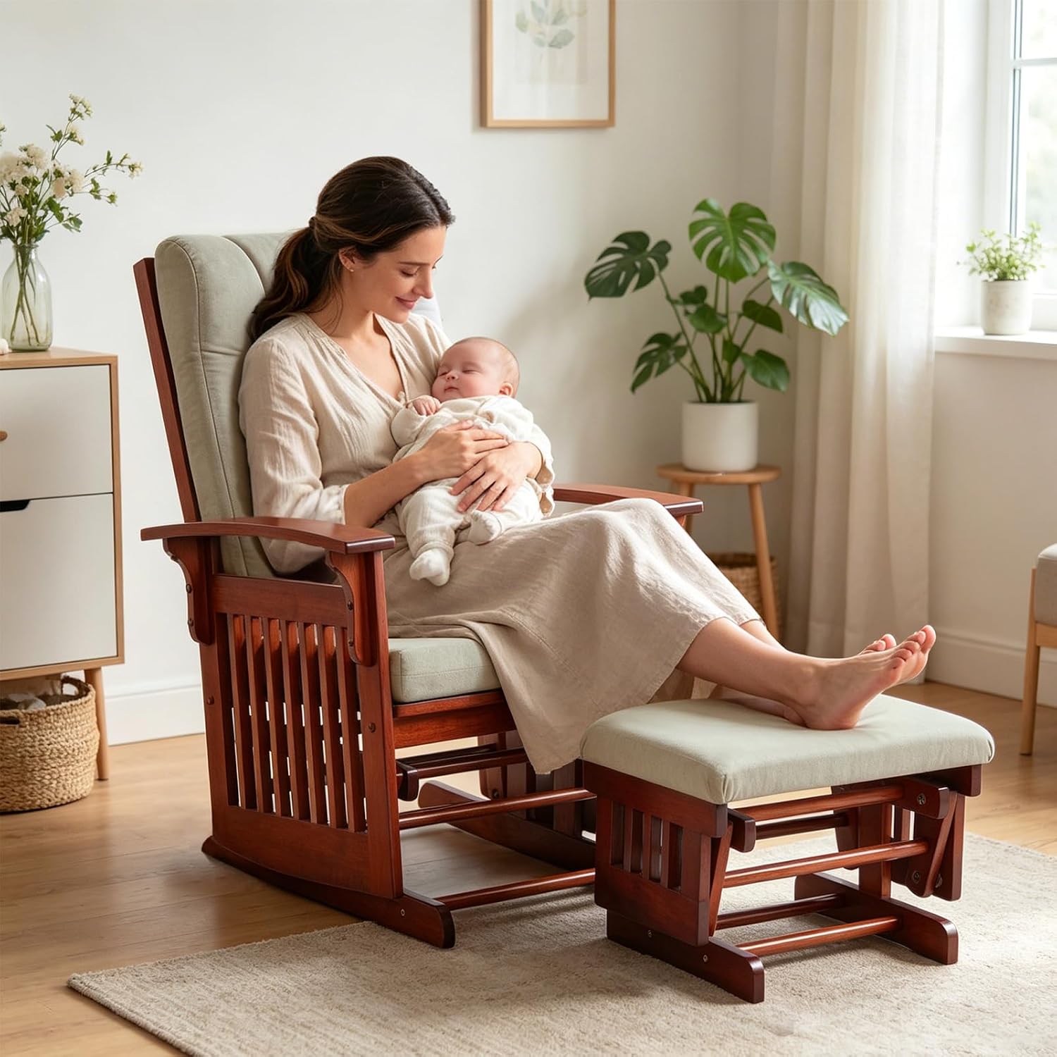 Glider Rocking Chair for the Nursery with Ottoman, 3A Solid Rubberwood Frame, Smooth-Gliding Rocking Chair,Easy to Assemble, for Nursery, Living Room, Bedroom, Classroom (Brown)