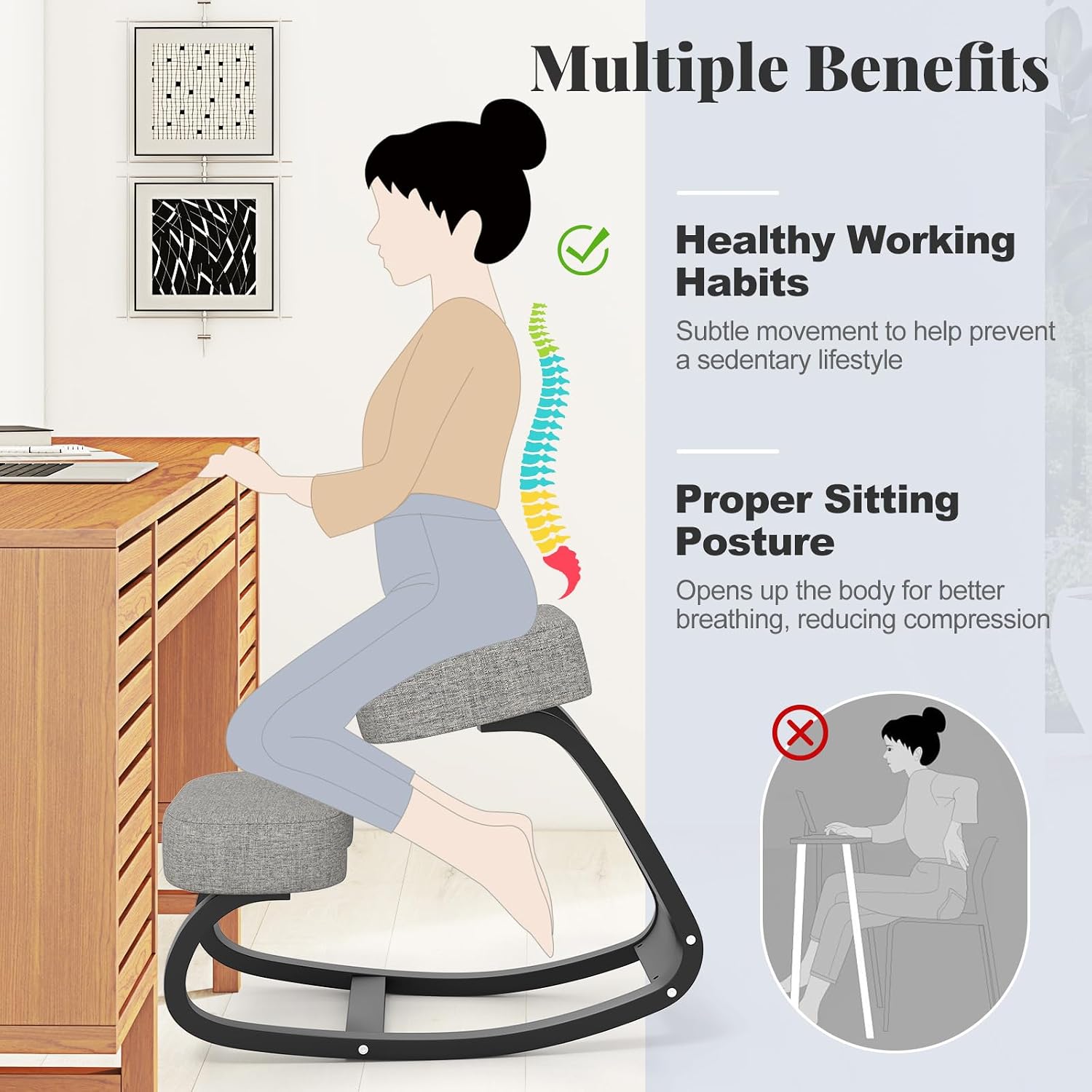 Giantex Ergonomic Kneeling Desk Chair, Upright Posture Chair with Cushion & Solid Wood Frame, Natural Relief for Neck or Back Pain, Wooden Knee Chair for Home Office (1)