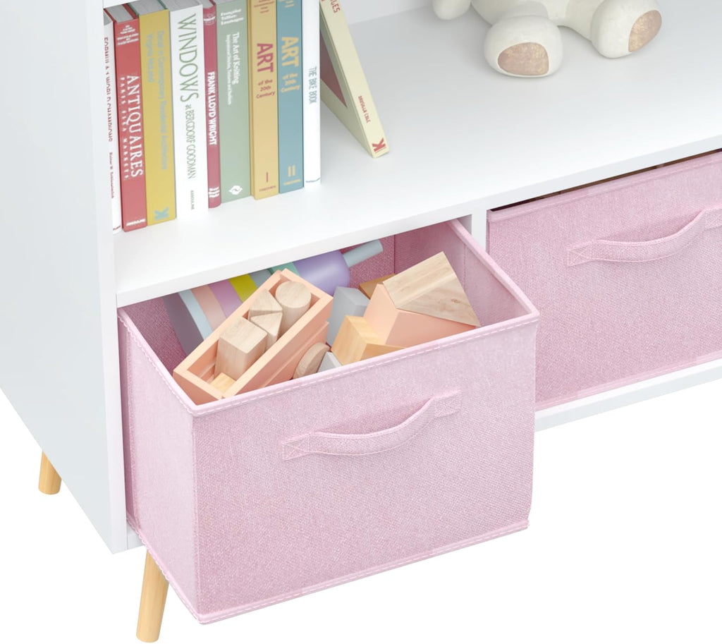 PVWIIK Kids 2-Tier Bookcase with Collapsible Fabric Drawers,Toy Storage Cabinet Organizer,Book Display Storage Cabinet Organizer,Cute for Playroom Livingroom,White/Pink