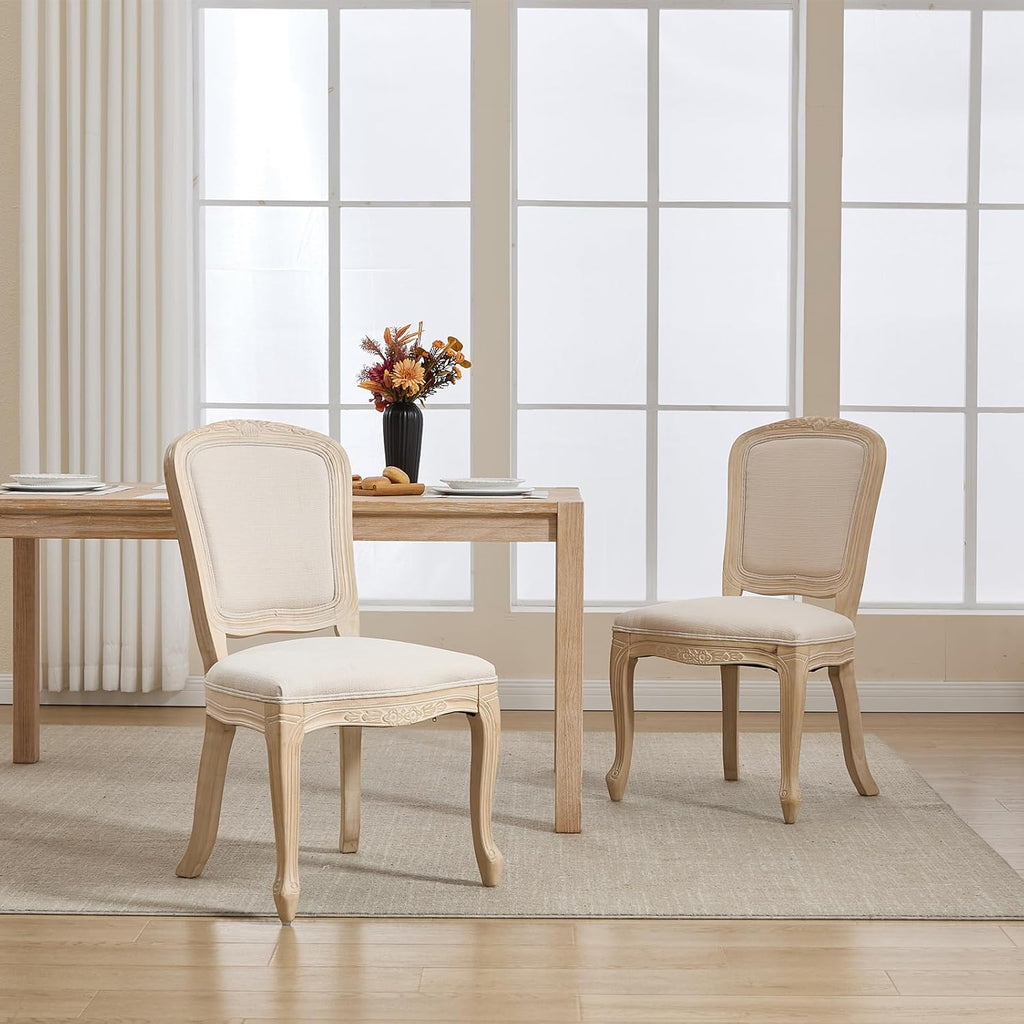 Kmax French Dining Chairs Set of 2, Farbric Upholstered Dining Chairs with Elegant Curved Legs High Back Armless Kitchen Chairs Side Chairs for Dining Room Restaurant - Linen, Beige/Natural Legs