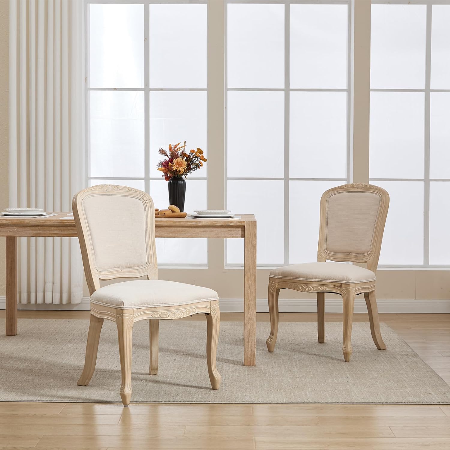 Kmax French Dining Chairs Set of 2, Farbric Upholstered Dining Chairs with Elegant Curved Legs High Back Armless Kitchen Chairs Side Chairs for Dining Room Restaurant - Linen, Beige/Natural Legs