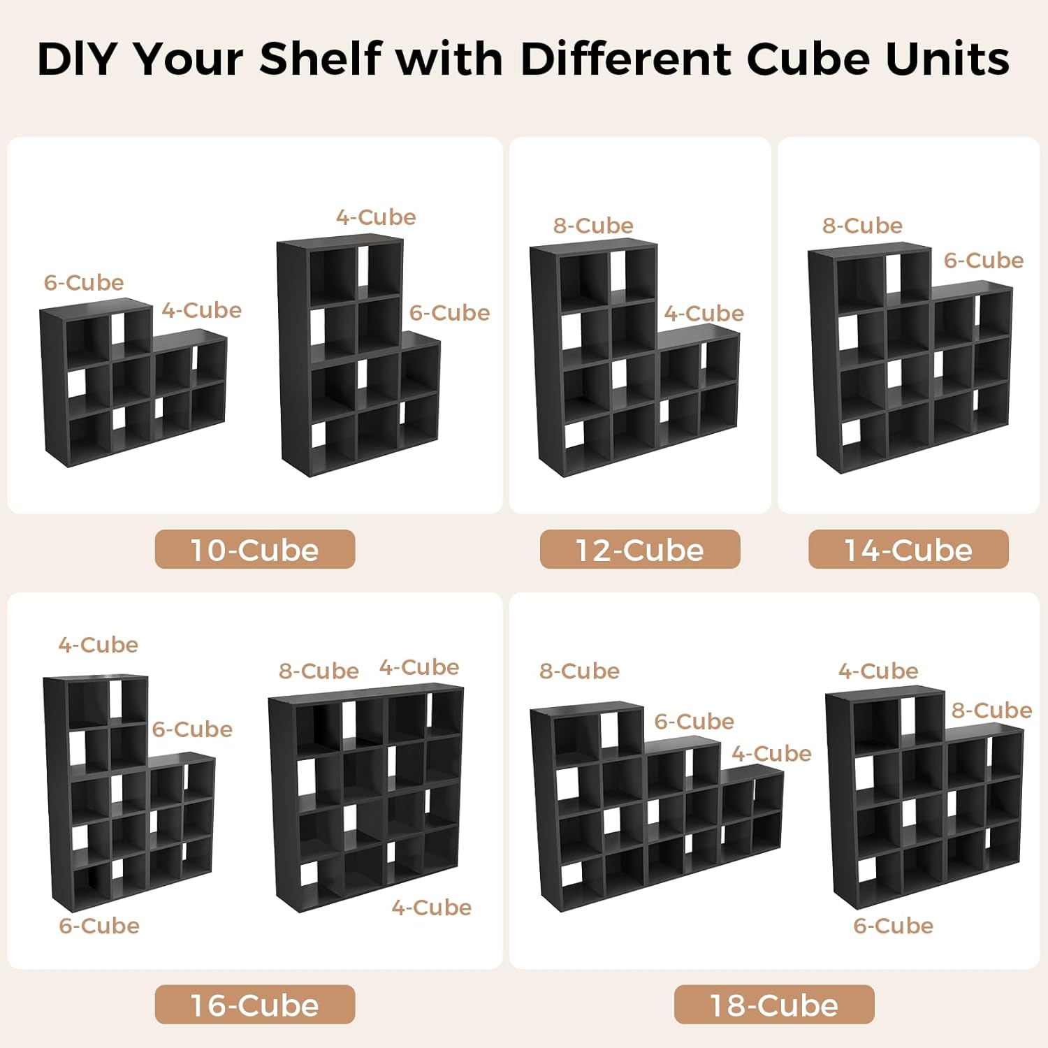 LUCKLIFE 8-Cube Storage Organizer, Stackable Modular Bookcase Shelf with Vertical or Horizontal Use, Fits 11×11" Bins, Optional Back Panels, for Living Room, Office, Carbon Black