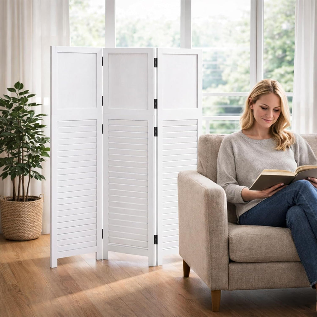Short Room Divider 3 Panel, 51" H Modular Detachable Wall Partition, Louver & Solid Wood Privacy Screen for Clutter Concealing, Small Space Division for Home Office, White