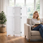 Short Room Divider 3 Panel, 51" H Modular Detachable Wall Partition, Louver & Solid Wood Privacy Screen for Clutter Concealing, Small Space Division for Home Office, White