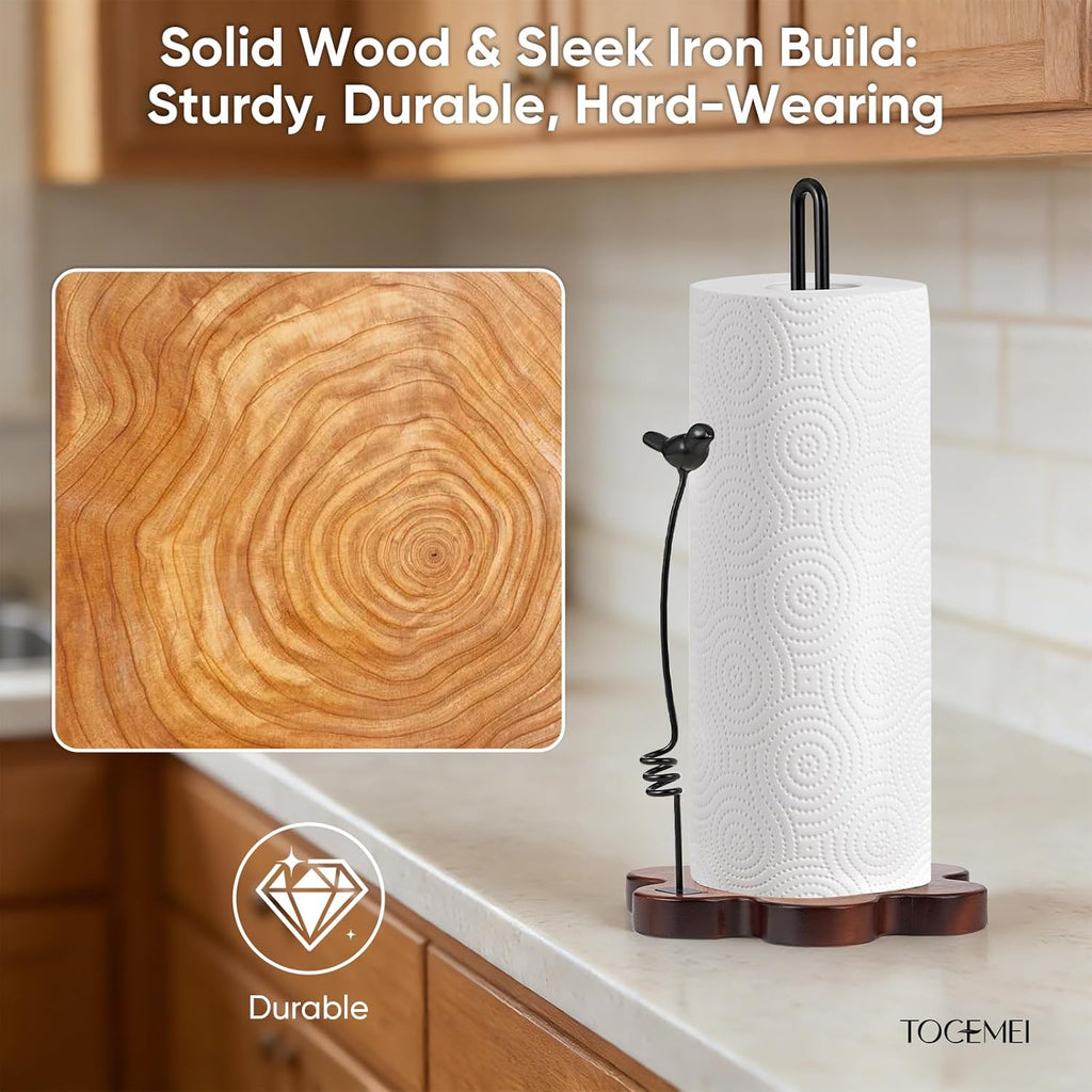 Wood Paper Towel Holder Countertop,Flower Shaped Wood Base with Decorative Spring-Loaded Iron Bird Accent,Dual Iron Rods,Non-Slip Pads,Stable for Kitchen,Dining Room&Home Decor