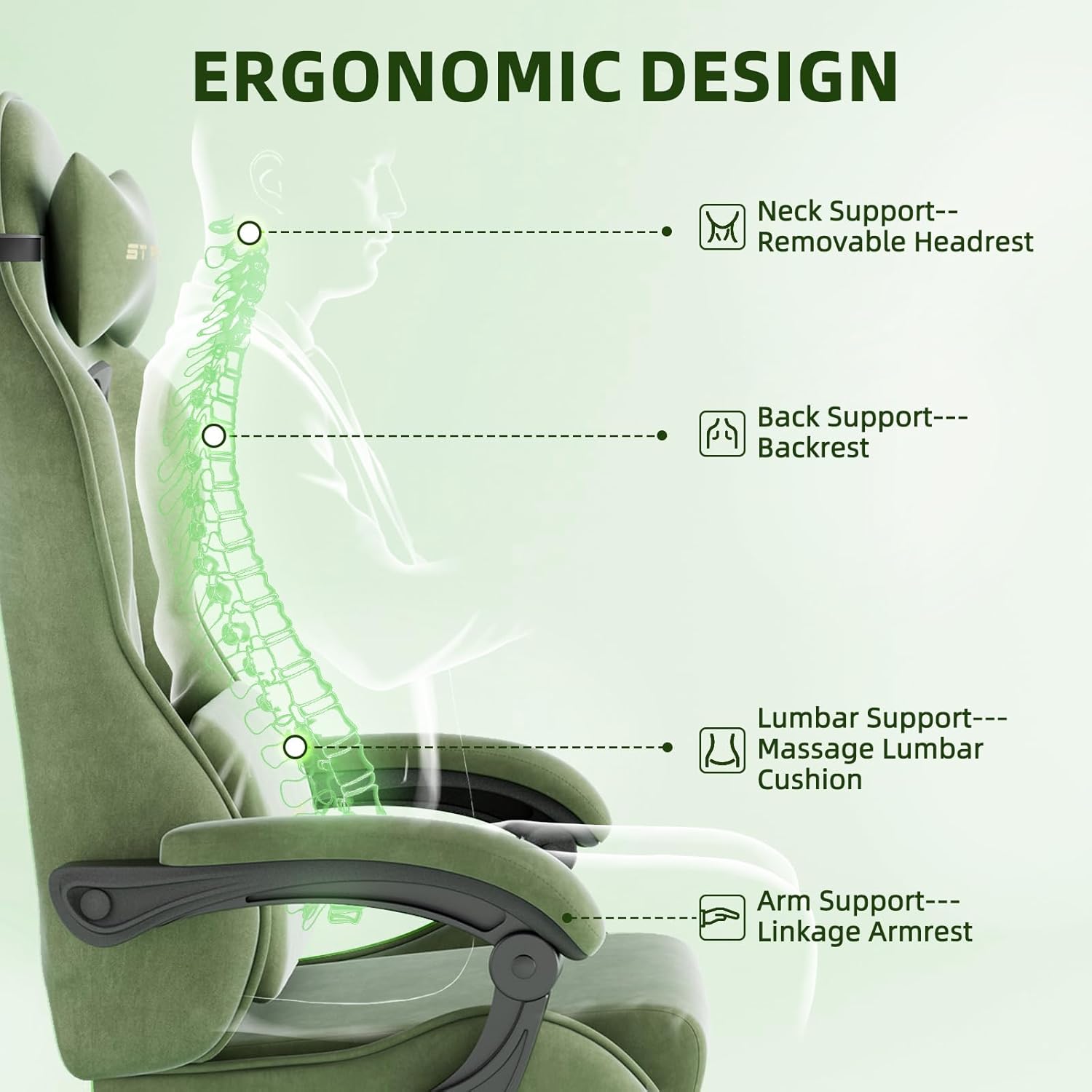 Gaming Chair Racing for Adult, Office Chair with Footrest Massage Lumbar Cushion, Velvet Fabric Reclining Video Game Chairs, Ergonomic Computer Chairs Height Adjustable, for Home Streaming, Green