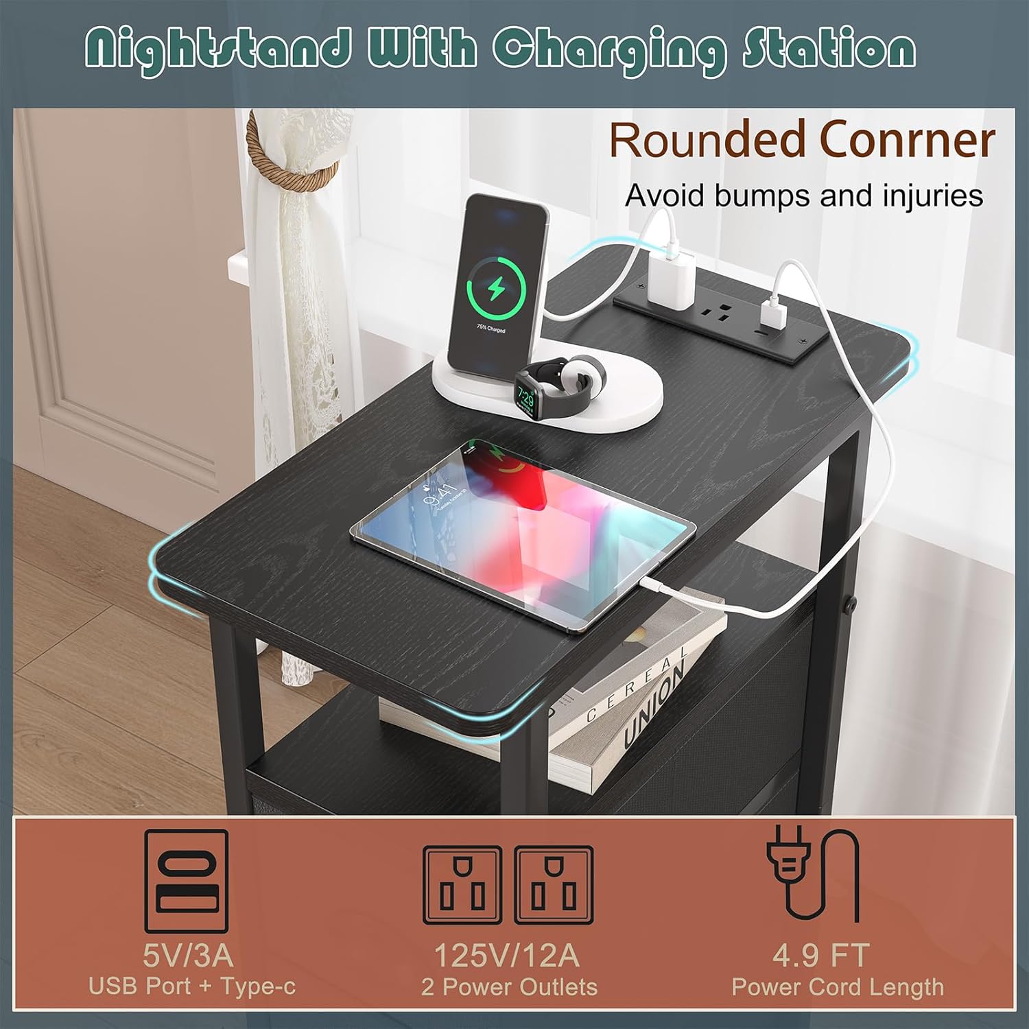 shtmec Narrow End Table Set of 2 with Charging Station, LED Side Tables Set 2 with Fabric Drawers, Small Bedside Tables Nightstands for Small Space, Slim Sofa Couch Table for Livingroom,Black