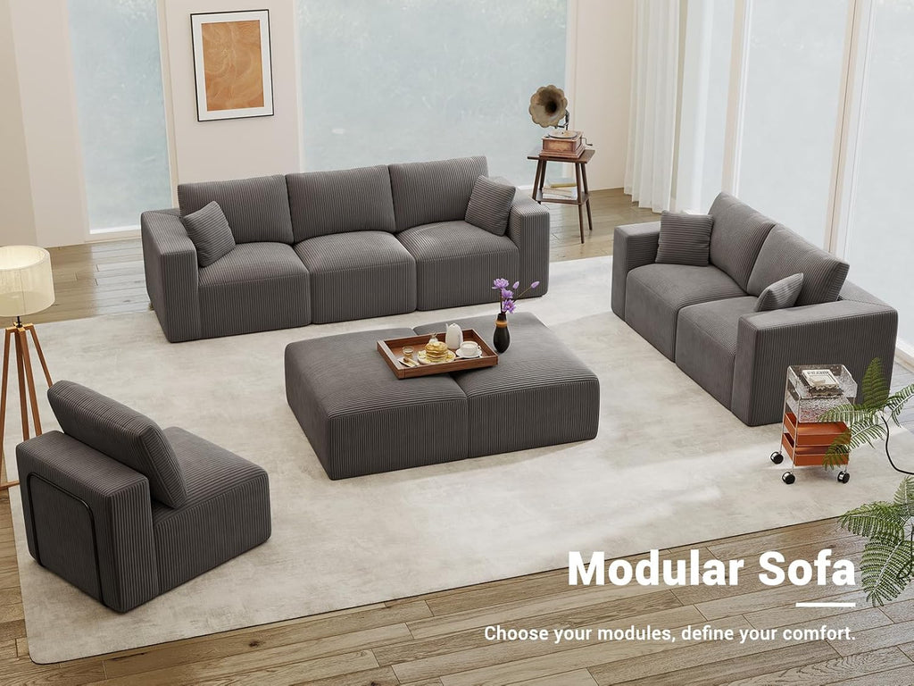 Modular Loveseat Couch Cloud Couches for Living Room - 79" Boneless Sofa - No Assembly Required, Cozy Corduroy Convertible Full Sponge Compression Sofas for House, Apartment(Grey)