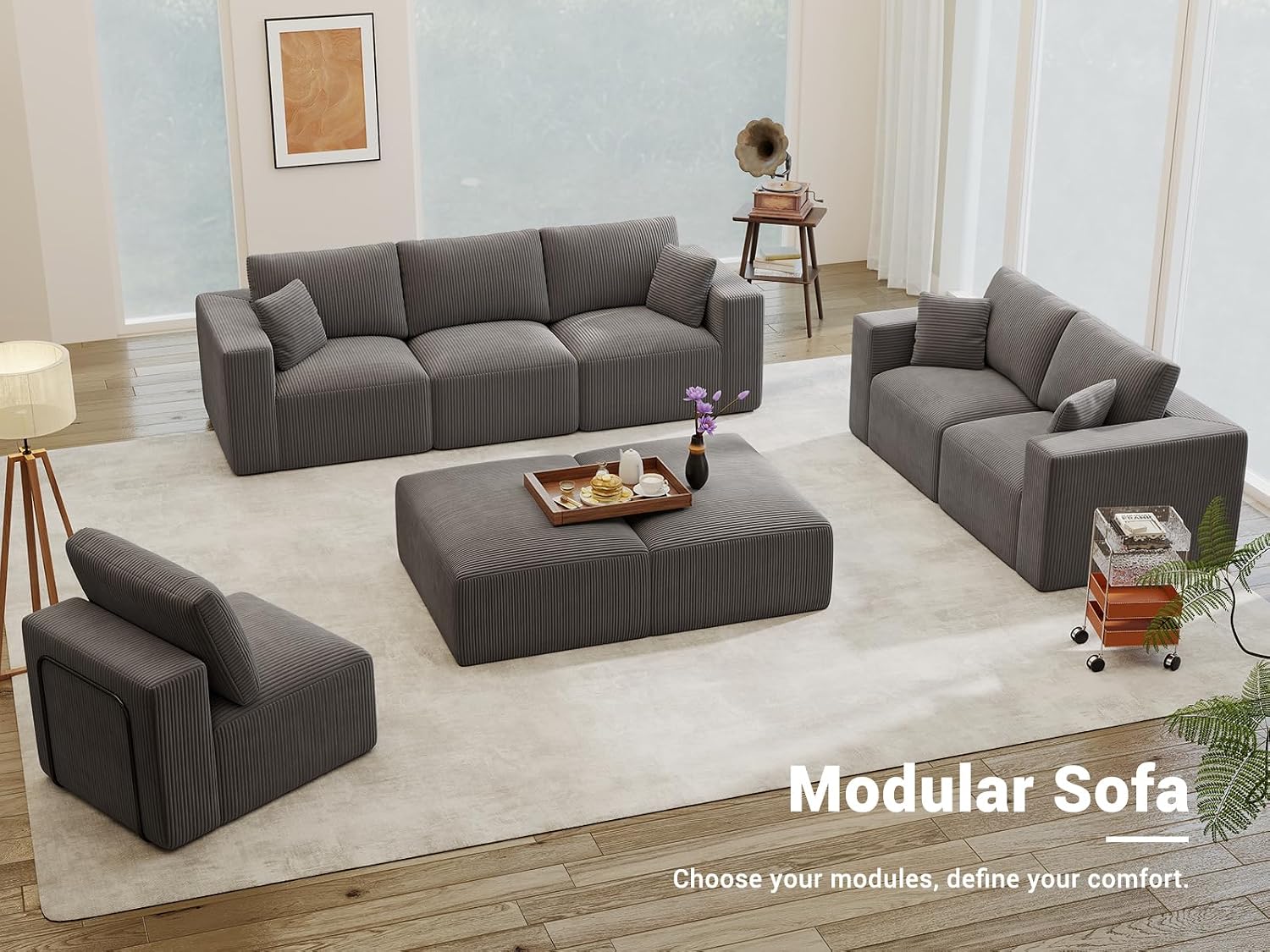 Modular Sleeper Sofa Couch Modern Sectional Couches for Living Room - 79" L-Shaped Boneless Cloud Couch - Easy Assembly Corduroy Convertible Sponge Compression Sofas with Chaise for Home House(Grey)