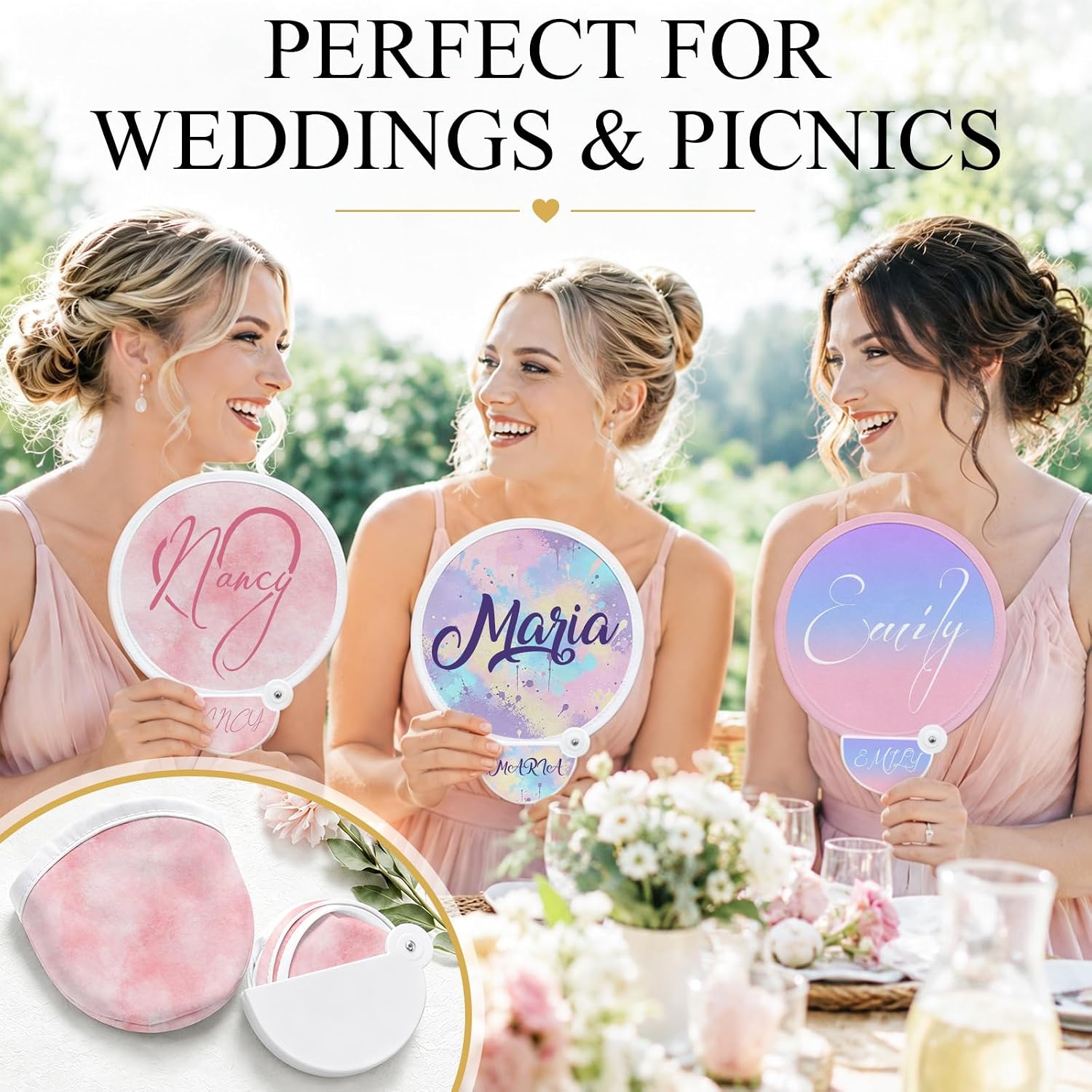 Custom Foldable Flying Disc Fans with Storage Pouches Bulk 100Pcs Personalized Round Handheld Fans with Logo/Photo/ Text personalized Portable Pocket Folding Hand Fans for Wedding Favors, Trade Shows