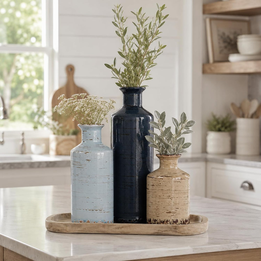 Blue and Beige Ceramic Vase Set of 3 – Rustic Distressed Glaze Pottery Vases, Small Vintage Flower Vases for Home Decor, Farmhouse, Modern Rustic, Shelf, Mantle, Table Centerpiece Decorations