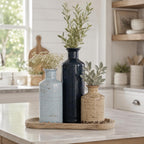 Blue and Beige Ceramic Vase Set of 3 – Rustic Distressed Glaze Pottery Vases, Small Vintage Flower Vases for Home Decor, Farmhouse, Modern Rustic, Shelf, Mantle, Table Centerpiece Decorations