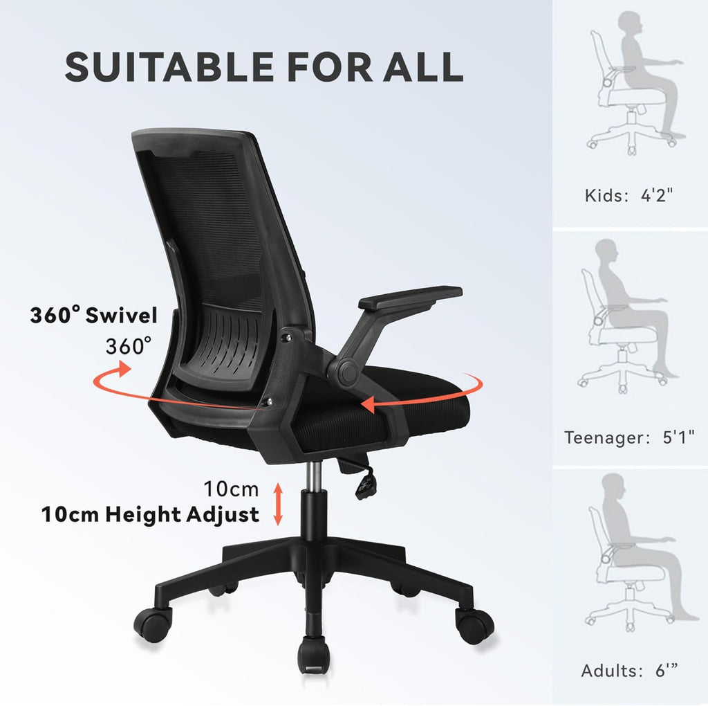 COMHOMA Office Chair with Flip-up Armrests Ergonomic Computer Desk Chair with Adaptive Lumbar Support & Breathable Mesh, Black