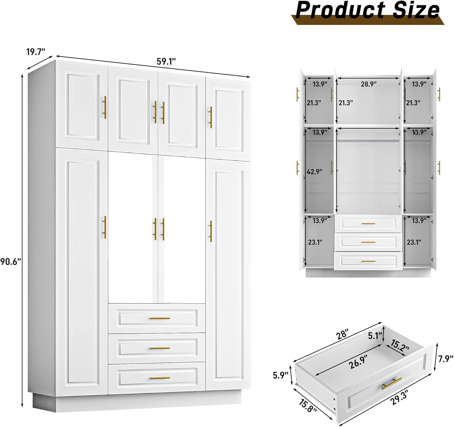 Hlivelood Large Armoire Wardrobe Closet Cabinet with Drawers and LED Lights, Multi-Tier Shelves, Hanging Rod, Large Capacity Storage 4 Door Wardrobe Armoire with Top Cabinet for Bedroom, White