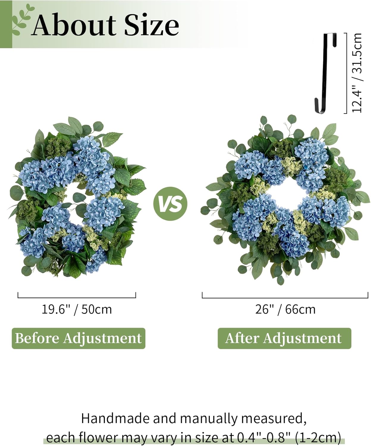 BLOSMON Hydrangea Wreaths for Front Door: 26 Inch Summer Spring Wreath Decorations for Home Outdoor Indoor - Dusty Blue Flower Wreath with Hanger for Outside All Season Wall Window Decor
