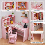 Garvee Kids Corner Desk, Desk and Chair Set for Children, L Shape Kids Study Table - Features Bulletin Board Open Shelves & Storage Cabinets and Cloth Drawers, Pink