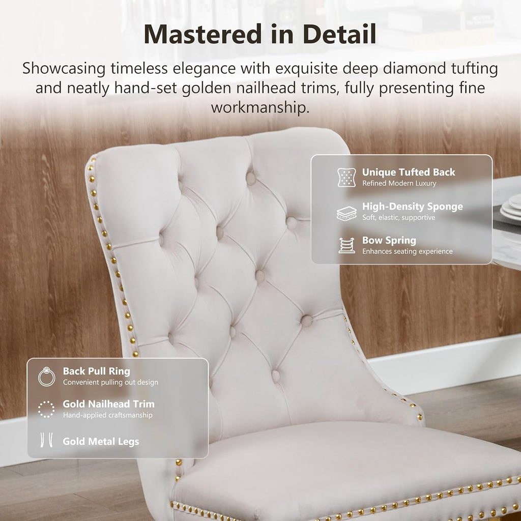 Modern Velvet Upholstered Dining Chairs Set of 2, Mid-Century Tufted Back Kitchen Chairs with Ring Pull & Gold Metal Legs, Beige Accent Side Chair for Living Room, Sillas de Comedor, (Ivory, 2 Pcs)