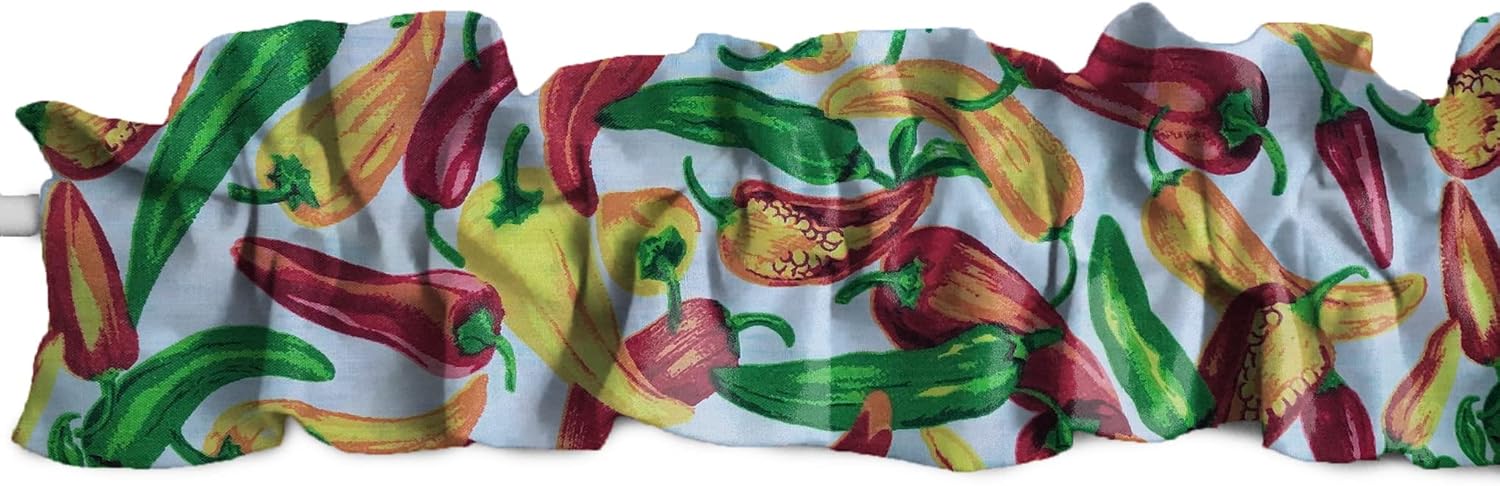 Zen Creative Designs Cotton Fruits Print Sleeve Topper Window Valance Top Bottom Ruffle Home Décor Bedroom Nursery Kitchen Window (120" Wide x 9" Tall, Chili Peppers White)