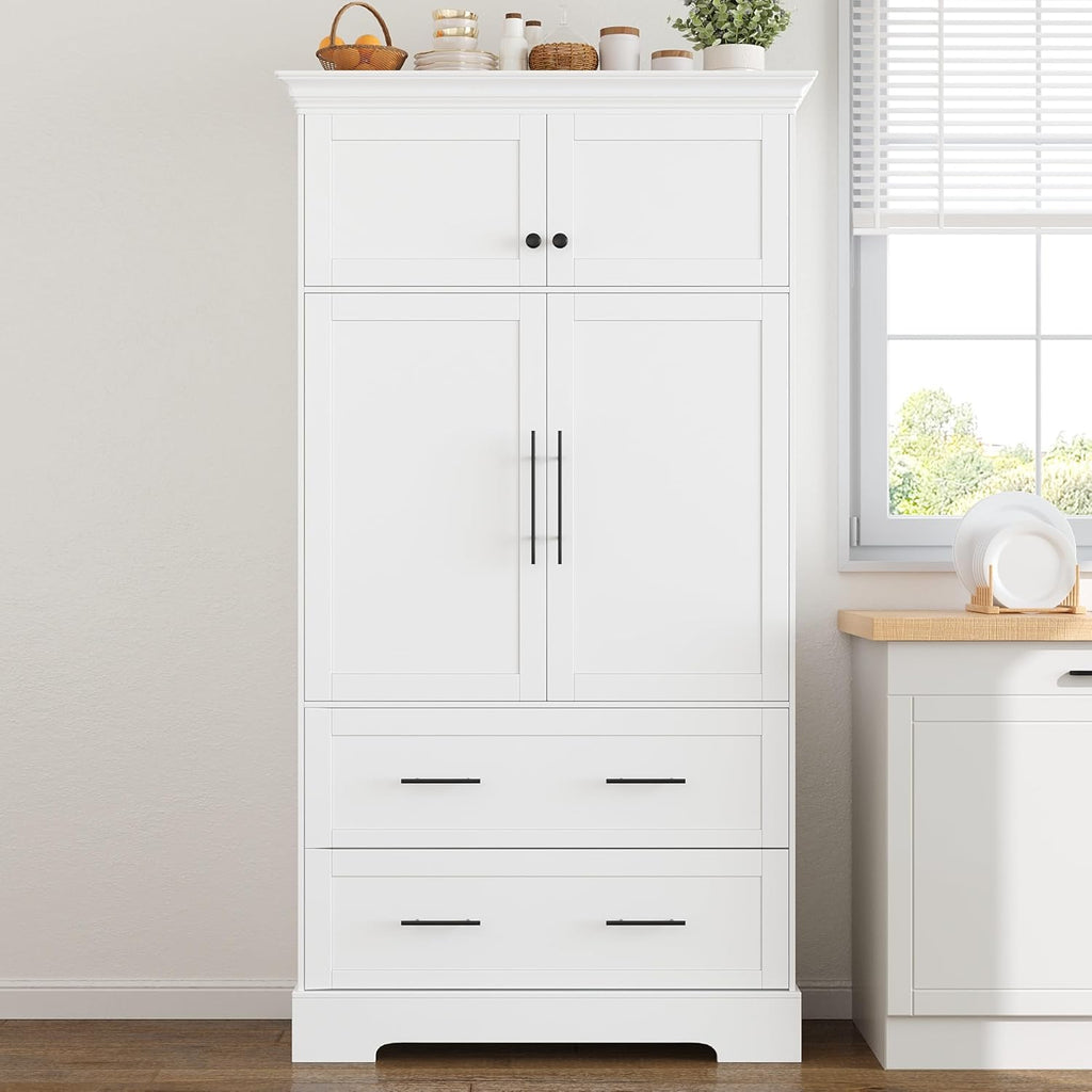 Farmhouse Pantry Cabinet, Tall Freestanding Kitchen Storage Cabinet with Pull-Out Trays, Drawers and Cake Pan Storage Organizer for Dining Room (White)