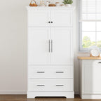 Farmhouse Pantry Cabinet, Tall Freestanding Kitchen Storage Cabinet with Pull-Out Trays, Drawers and Cake Pan Storage Organizer for Dining Room (White)