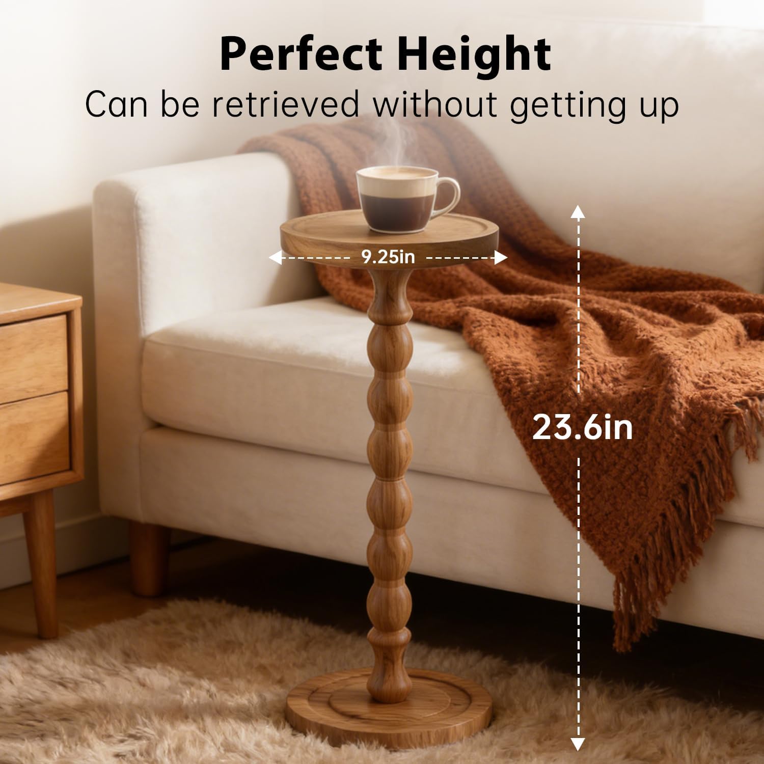 Small Round Side Table for Small Spaces, Wood Pedestal Drink Table & Narrow End Table for Living Room Couch, Modern Bedside Nightstand for Bedroom & Nursery（Walnut）