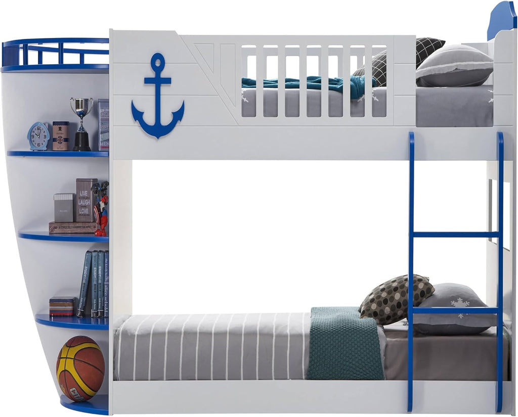 Sky Blue and White Twin,Twin Boat Shaped Bunk Bed