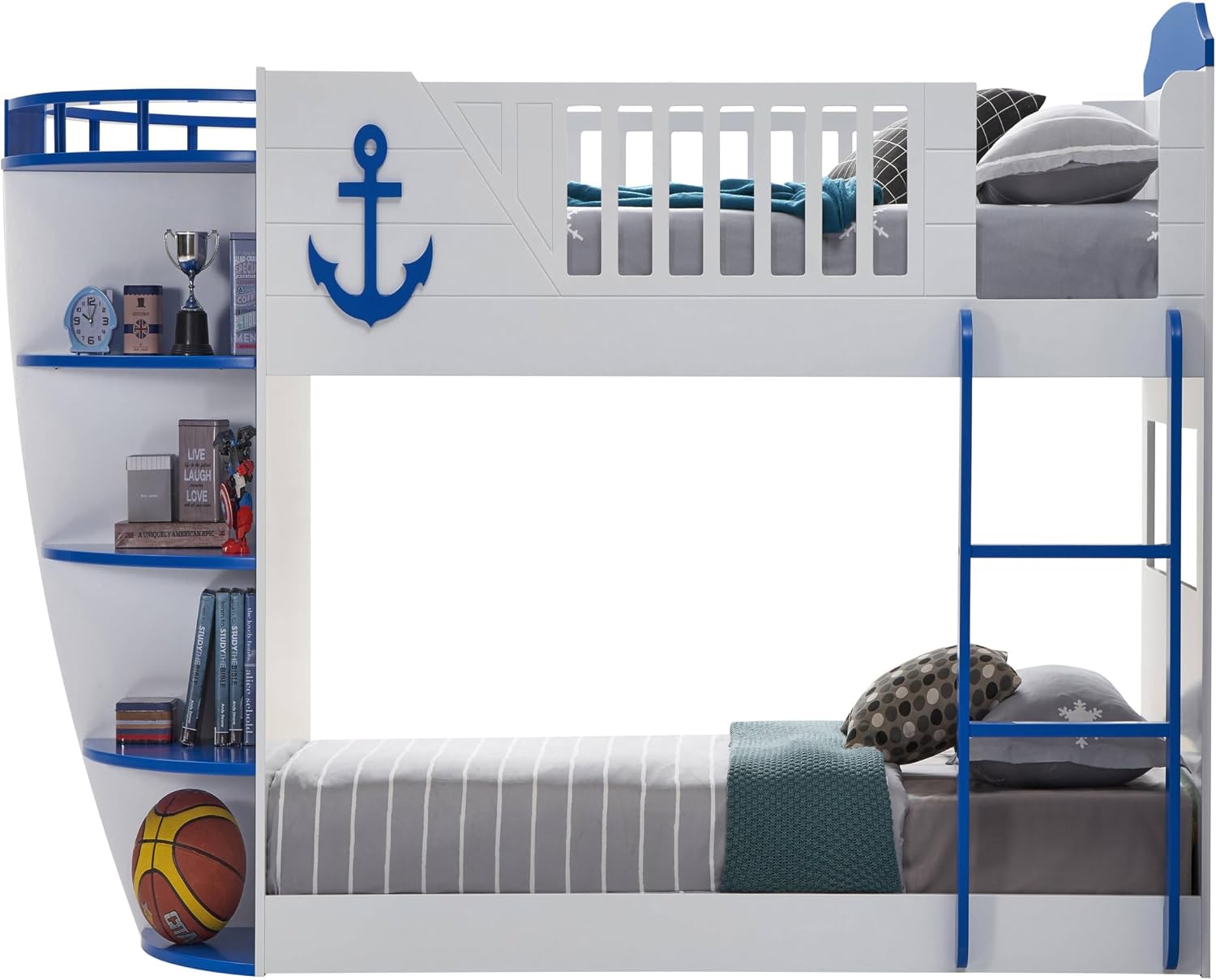 Sky Blue and White Twin,Twin Boat Shaped Bunk Bed