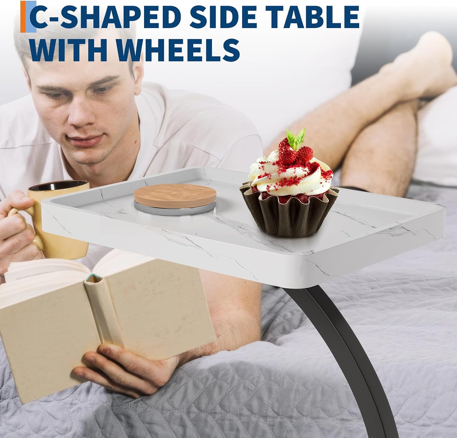 C Shaped TV Tray Table, C Shaped End Table for Couch, 2-Tier Rolling Small Side Table, Versatile Bedside & Laptop Desk, Side Table, White