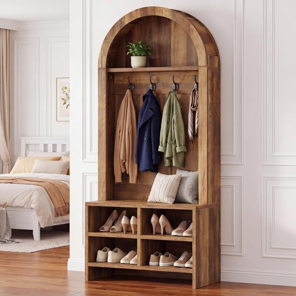 Tribesigns Arched Hall Tree with Bench and Shoe Storage, 70.87" H Tall Coat Rack with Shoe Storage Bench, 4-in-1 Entryway Coat Rack with 4 Hooks & Storage Cubbies, for Mudroom, Hallway, Bedroom, Brown