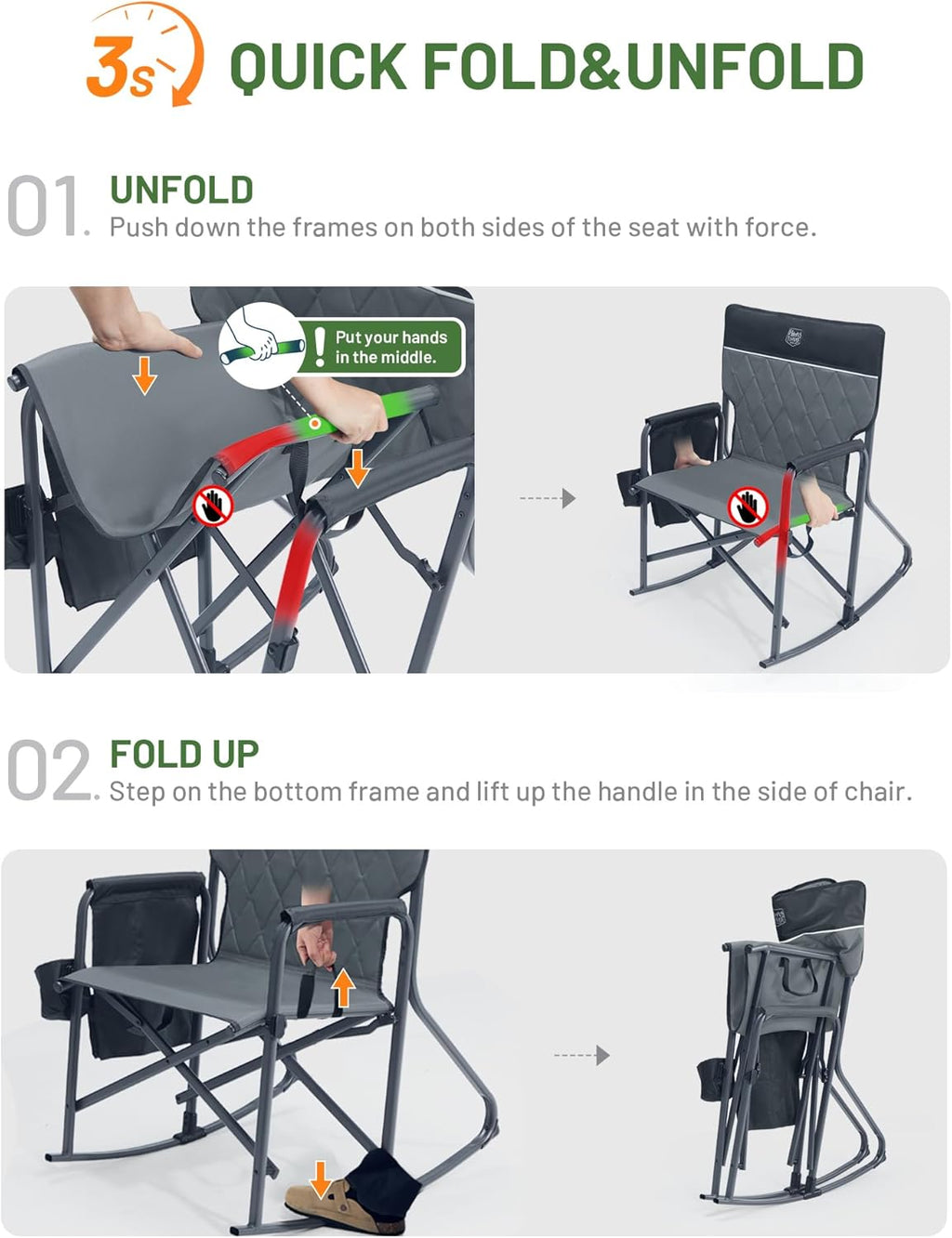 Timber Ridge Folding Oversized Rocking Camping Chair, 400lbs Capacity Portable Outdoor Rocker with Hard Armrests, Cup Holder & Side Pocket, Quick-Fold Design for Outdoor, Patio, Lawn