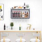 Dokser Wine Rack Wall Mounted Shelf - 2 Tier, Rustic Wood & Industrial Iron Frame Wine Bottle Holder for Kitchen, Dining Room, Home Bar Decor (White)