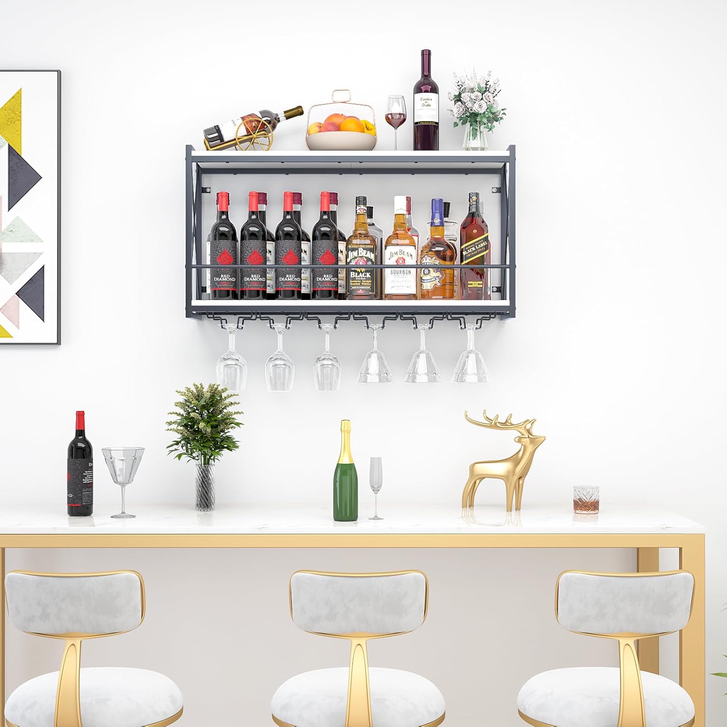 Dokser Wine Rack Wall Mounted Shelf - 2 Tier, Rustic Wood & Industrial Iron Frame Wine Bottle Holder for Kitchen, Dining Room, Home Bar Decor (White)